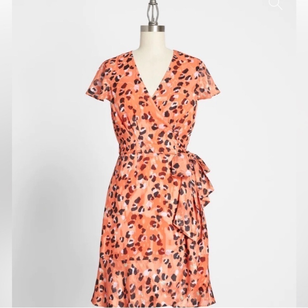RARE Modcloth x Hutch Party Prowl Orange Leopard Print True Wrap Dress XS NEW - Picture 2 of 15